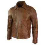 Mens Slim Fit Tan Brown Maroon Classic Cross Zip Brando Leather Biker Jacket - Image 4