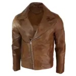 Mens Slim Fit Tan Brown Maroon Classic Cross Zip Brando Leather Biker Jacket - Image 2