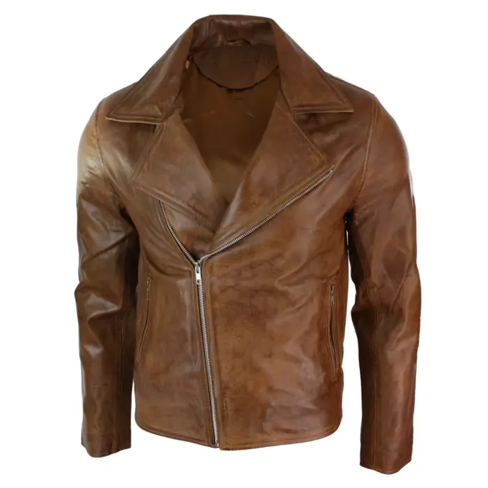 Mens Slim Fit Tan Brown Maroon Classic Cross Zip Brando Leather Biker Jacket - Image 2