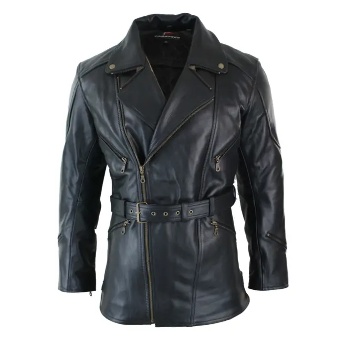 Mens Cross Zip Belted Black 3/4 Motorcycle Biker Long Leather Jacket CE Armour - Image 1