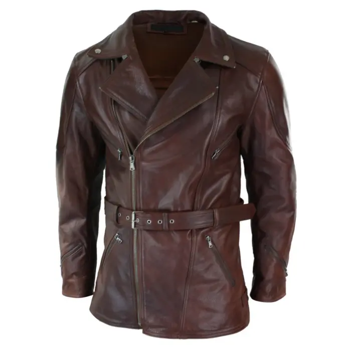 Mens Cross Zip Belted Black 3/4 Motorcycle Biker Long Leather Jacket CE Armour - Image 14