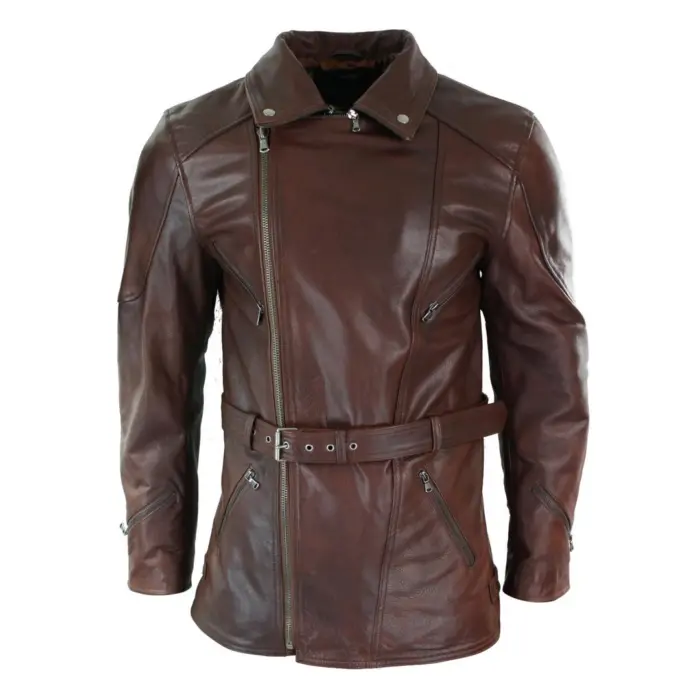 Mens Cross Zip Belted Black 3/4 Motorcycle Biker Long Leather Jacket CE Armour - Image 13