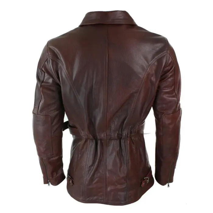 Mens Cross Zip Belted Black 3/4 Motorcycle Biker Long Leather Jacket CE Armour - Image 12