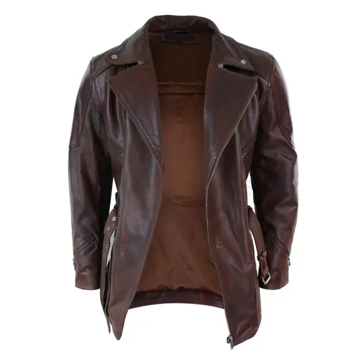 Mens Cross Zip Belted Black 3/4 Motorcycle Biker Long Leather Jacket CE Armour - Image 11