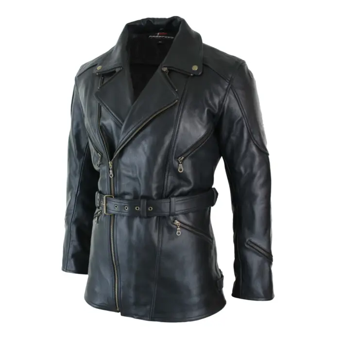 Mens Cross Zip Belted Black 3/4 Motorcycle Biker Long Leather Jacket CE Armour - Image 2