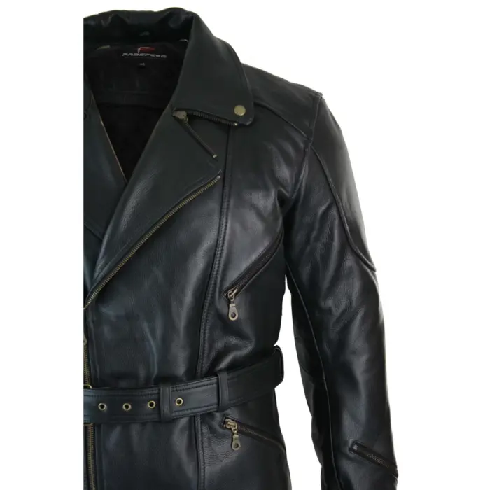 Mens Cross Zip Belted Black 3/4 Motorcycle Biker Long Leather Jacket CE Armour - Image 7