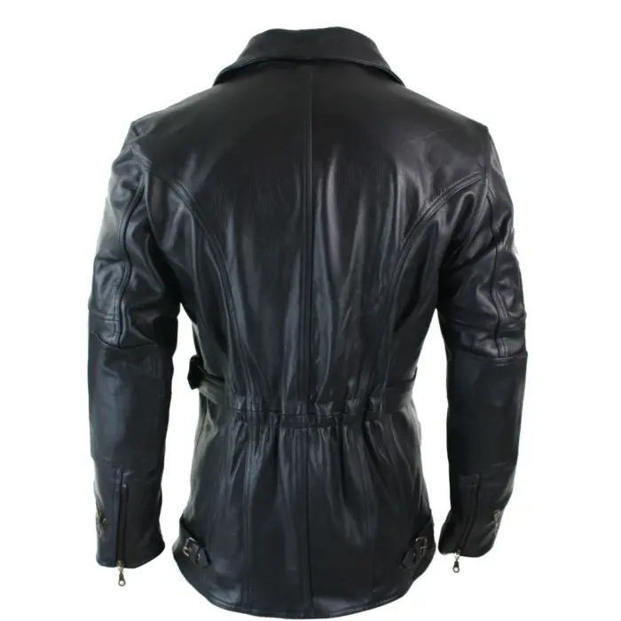 Mens Cross Zip Belted Black 3/4 Motorcycle Biker Long Leather Jacket CE Armour - Image 6