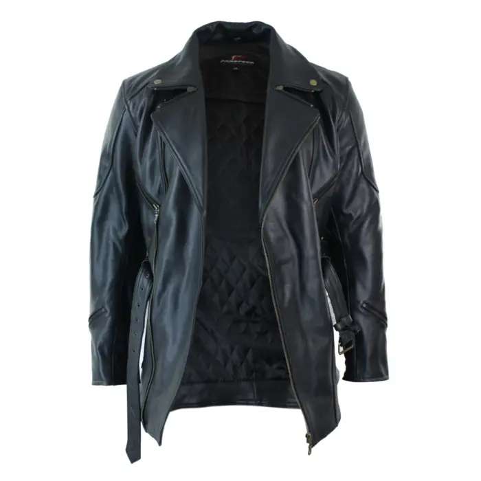 Mens Cross Zip Belted Black 3/4 Motorcycle Biker Long Leather Jacket CE Armour - Image 5