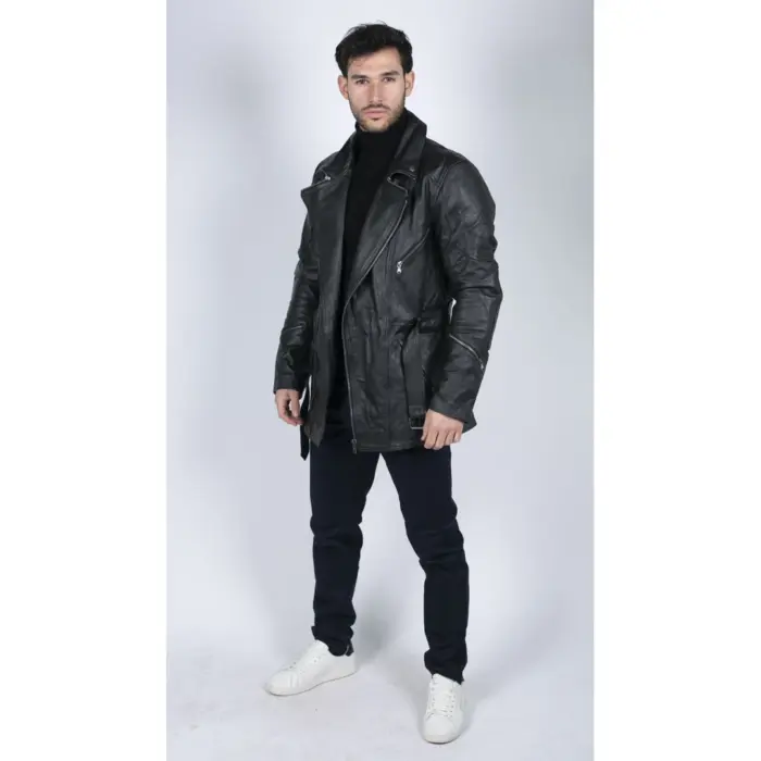 Mens Cross Zip Belted Black 3/4 Motorcycle Biker Long Leather Jacket CE Armour - Image 3