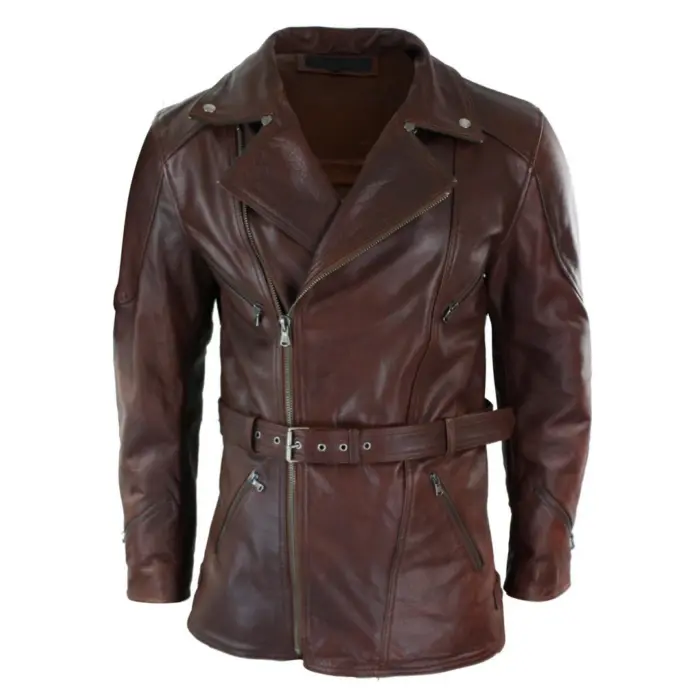 Mens Cross Zip Belted Black 3/4 Motorcycle Biker Long Leather Jacket CE Armour - Image 8