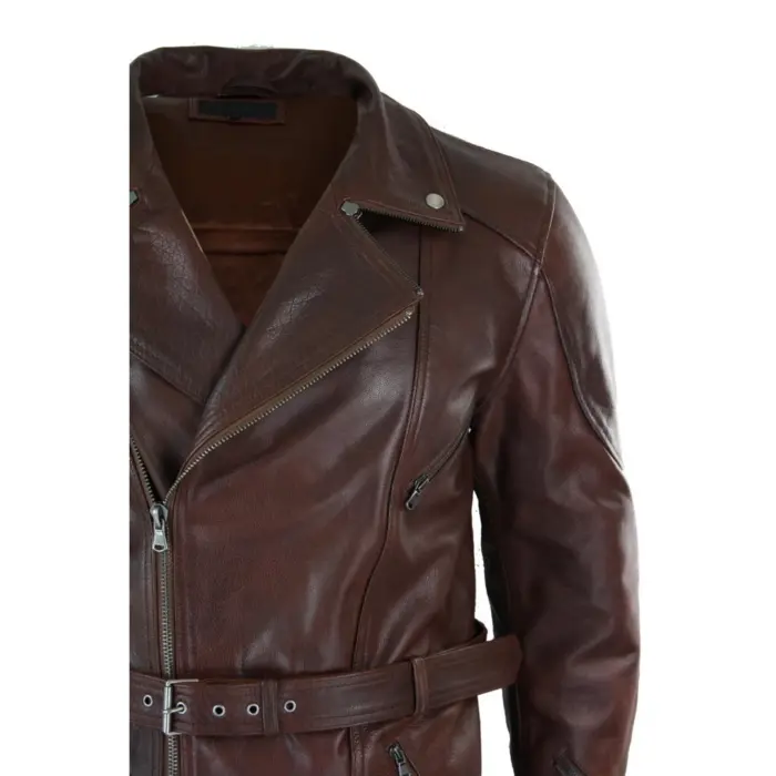 Mens Cross Zip Belted Black 3/4 Motorcycle Biker Long Leather Jacket CE Armour - Image 15