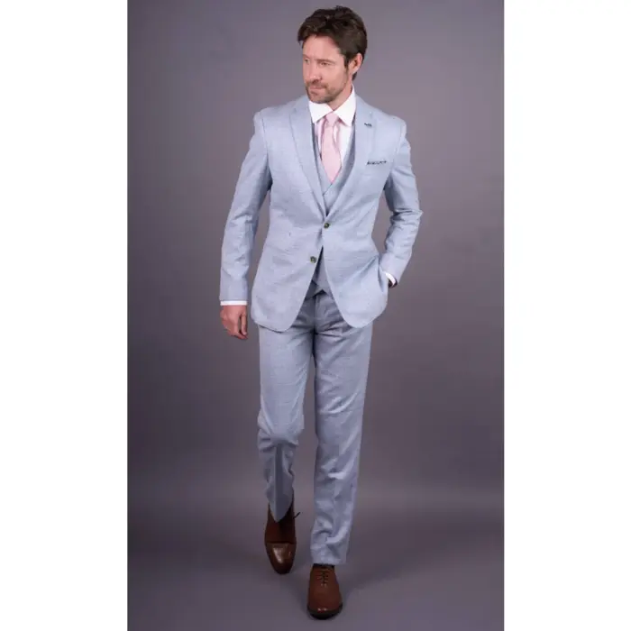 Luis - Men's Light Blue Plaid Check Slim Fit 3 Piece Suit - Image 2