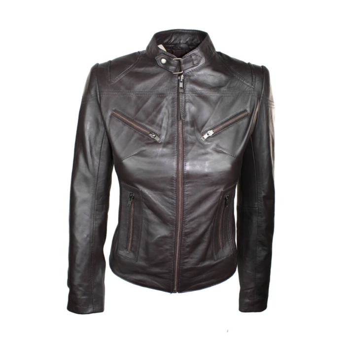 Ladies Womens Real Leather Vintage Slim Fit Biker Leather Jacket - Image 5