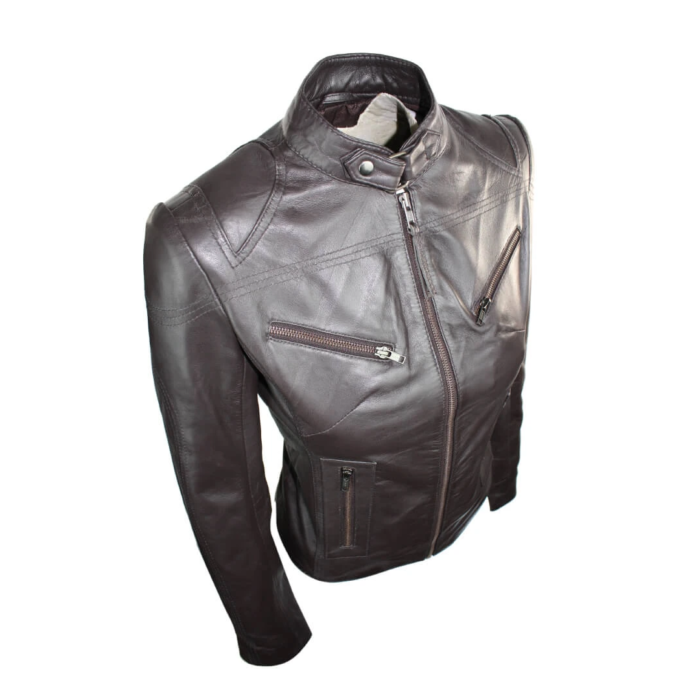 Ladies Womens Real Leather Vintage Slim Fit Biker Leather Jacket - Image 7