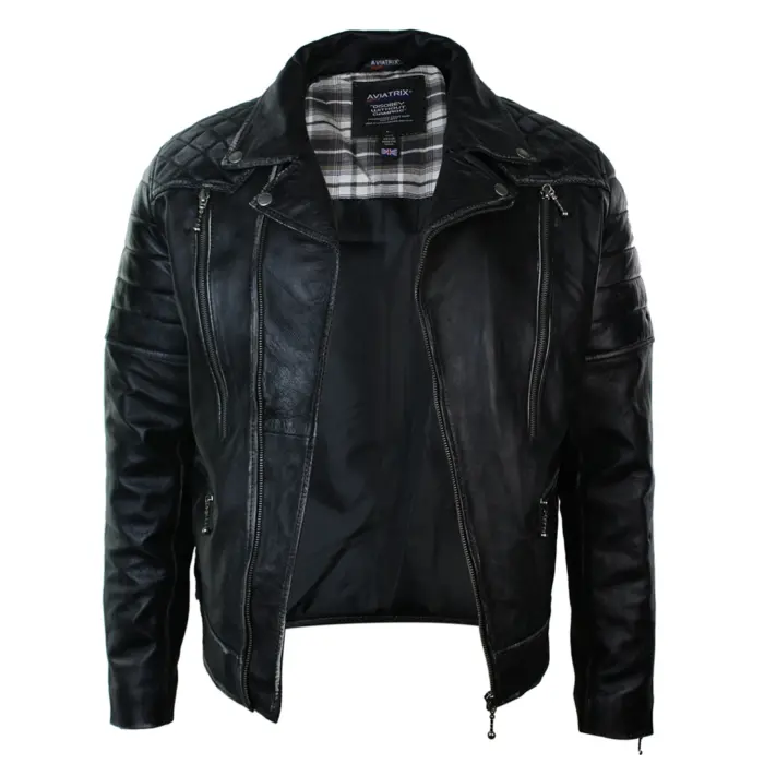 Mens Punk Rock Real Leather Cross Zip Biker Jacket Vintage Retro Effect - Image 3
