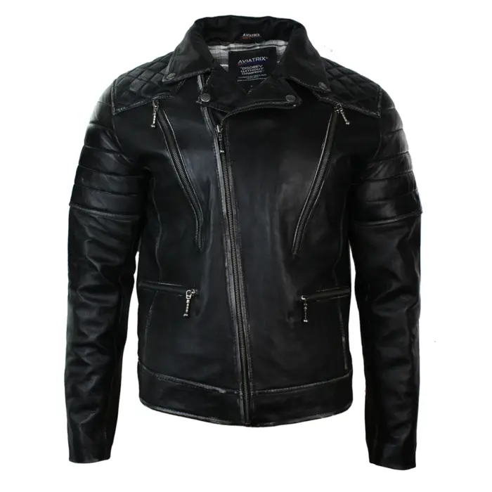 Mens Punk Rock Real Leather Cross Zip Biker Jacket Vintage Retro Effect - Image 1