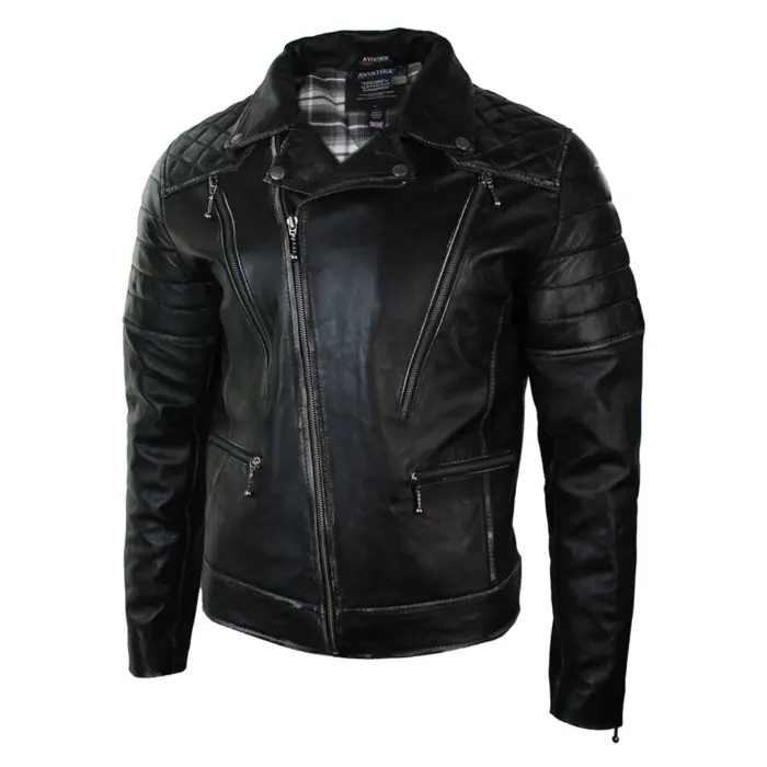 Mens Punk Rock Real Leather Cross Zip Biker Jacket Vintage Retro Effect - Image 2
