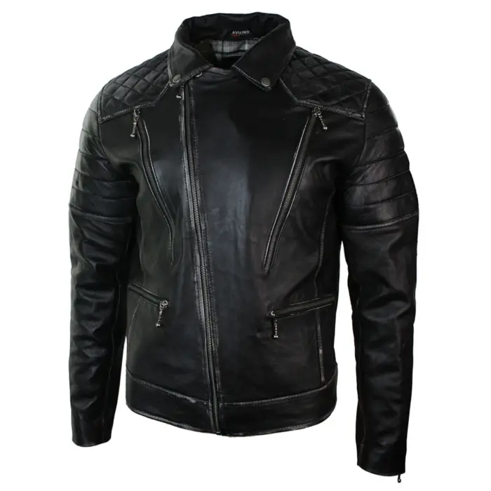 Mens Punk Rock Real Leather Cross Zip Biker Jacket Vintage Retro Effect - Image 4