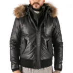 Mens Real Fur Hood Bomber Leather Jacket Black Puffer Padded