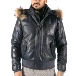 Mens Real Fur Hood Bomber Leather Jacket Black Puffer Padded - Image 7