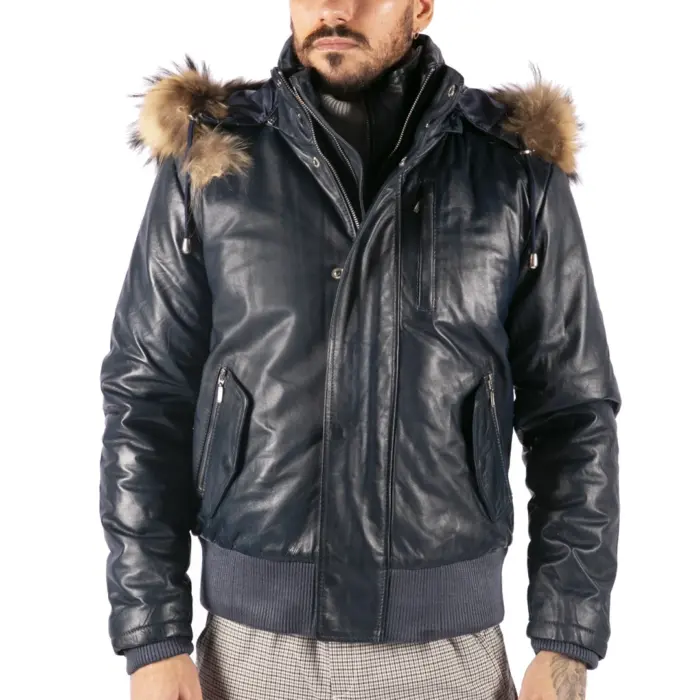 Mens Real Fur Hood Bomber Leather Jacket Black Puffer Padded - Image 7