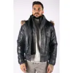 Mens Real Fur Hood Bomber Leather Jacket Black Puffer Padded - Image 11