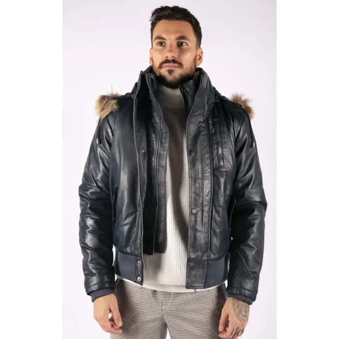 Mens Real Fur Hood Bomber Leather Jacket Black Puffer Padded - Image 11