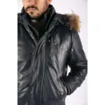 Mens Real Fur Hood Bomber Leather Jacket Black Puffer Padded - Image 10