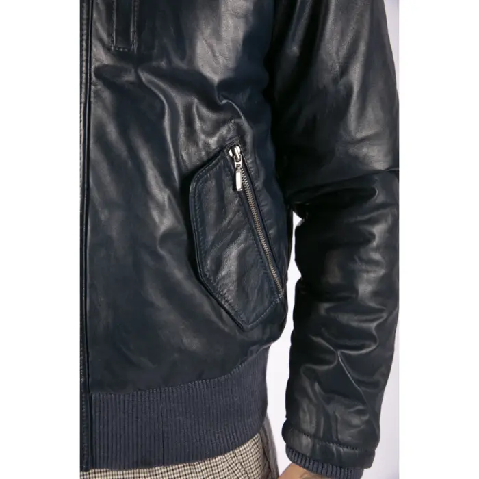 Mens Real Fur Hood Bomber Leather Jacket Black Puffer Padded - Image 9