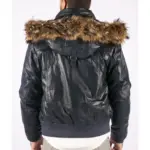 Mens Real Fur Hood Bomber Leather Jacket Black Puffer Padded - Image 8