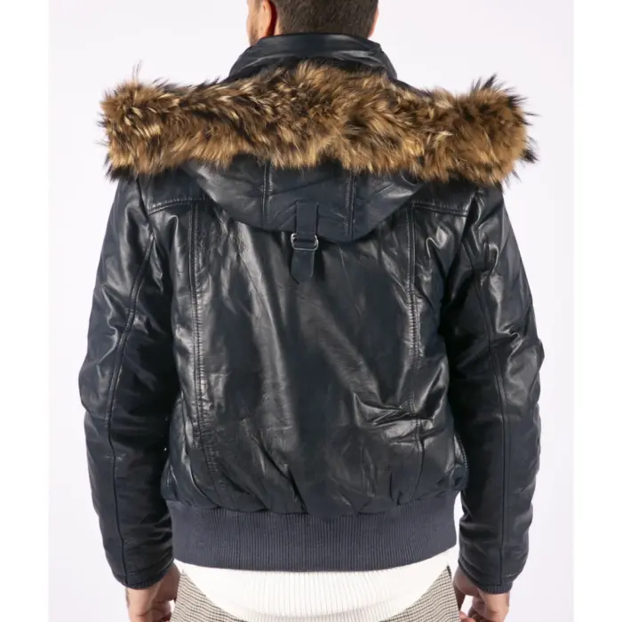 Mens Real Fur Hood Bomber Leather Jacket Black Puffer Padded - Image 8