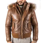 Mens Real Fur Hood Bomber Leather Jacket Black Puffer Padded - Image 12