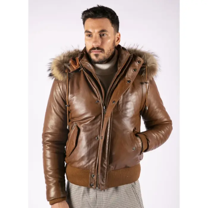 Mens Real Fur Hood Bomber Leather Jacket Black Puffer Padded - Image 17