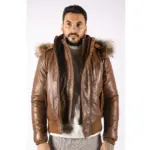 Mens Real Fur Hood Bomber Leather Jacket Black Puffer Padded - Image 16