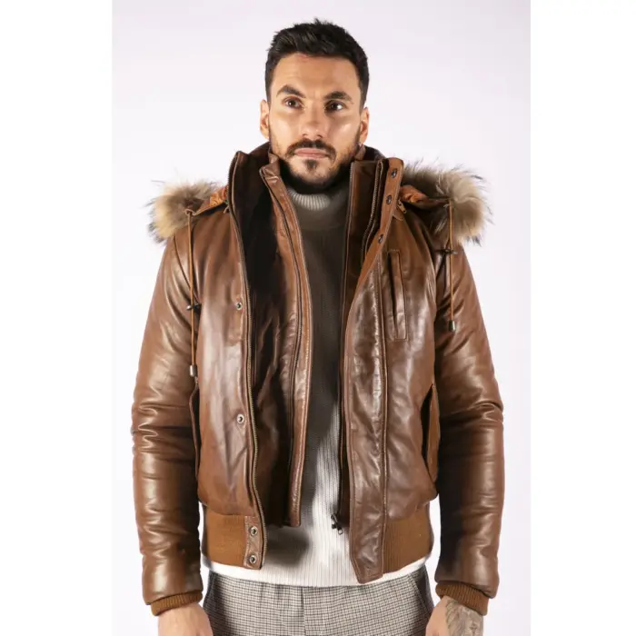 Mens Real Fur Hood Bomber Leather Jacket Black Puffer Padded - Image 16