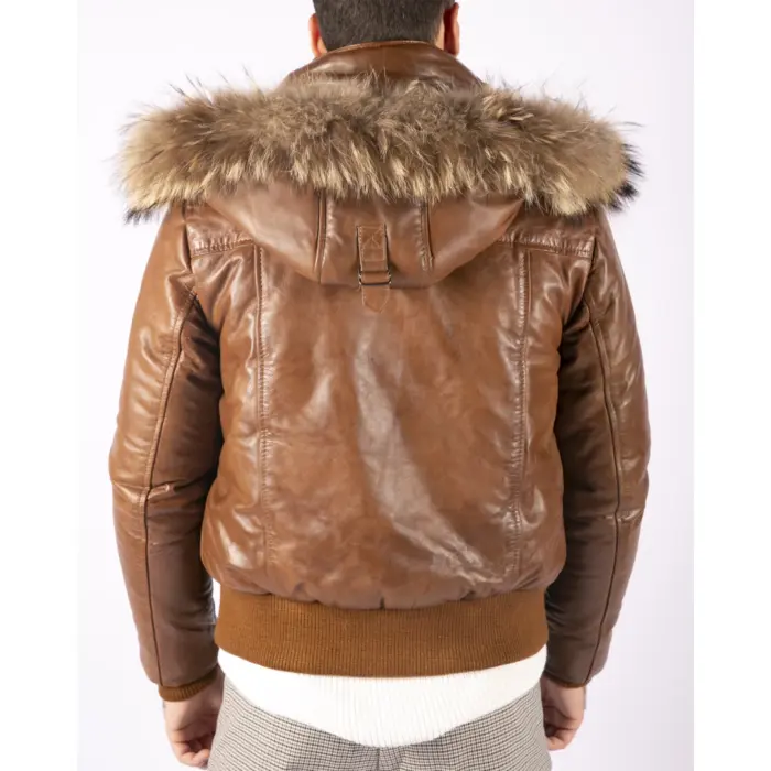 Mens Real Fur Hood Bomber Leather Jacket Black Puffer Padded - Image 13