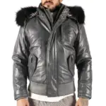 Mens Real Fur Hood Bomber Leather Jacket Black Puffer Padded - Image 2