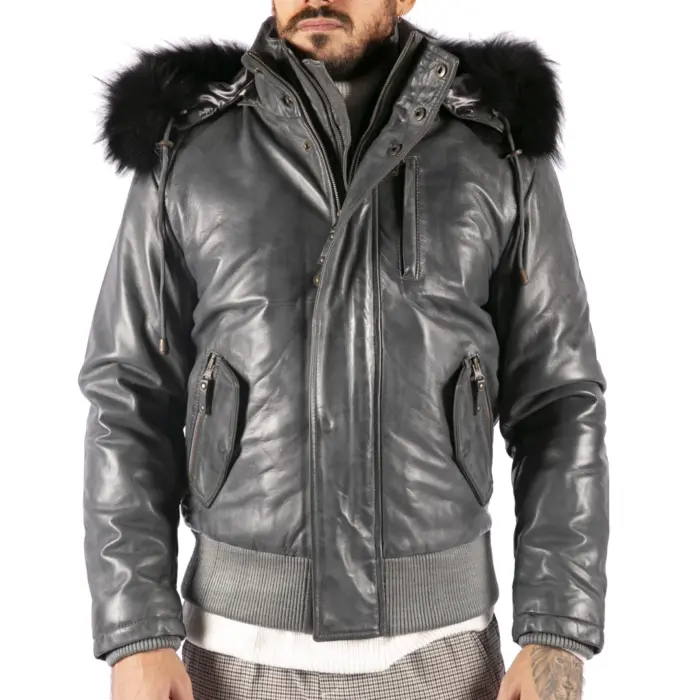 Mens Real Fur Hood Bomber Leather Jacket Black Puffer Padded - Image 2