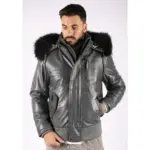 Mens Real Fur Hood Bomber Leather Jacket Black Puffer Padded - Image 6