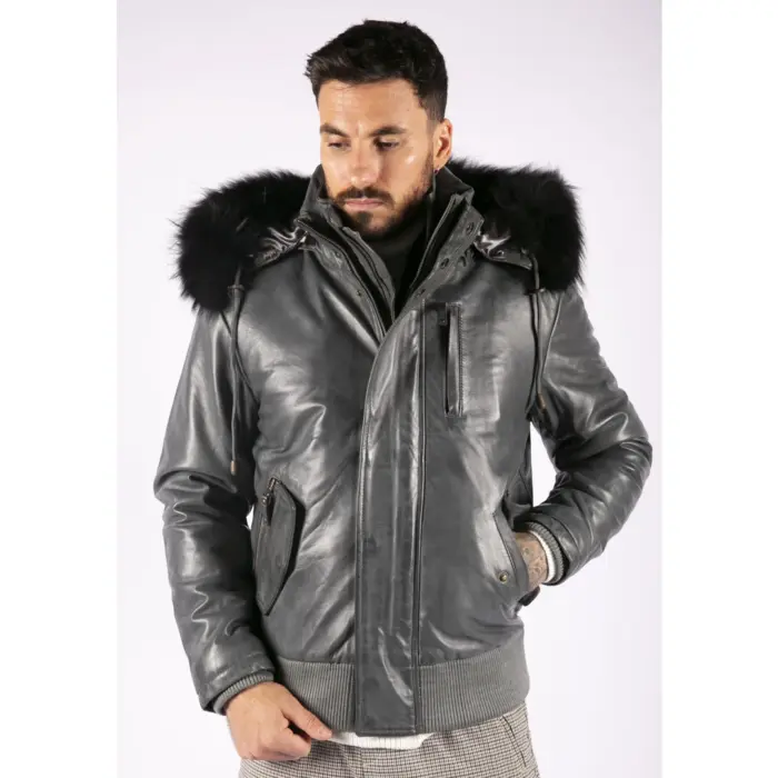 Mens Real Fur Hood Bomber Leather Jacket Black Puffer Padded - Image 6