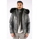 Mens Real Fur Hood Bomber Leather Jacket Black Puffer Padded - Image 5