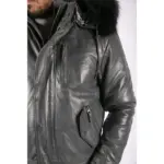 Mens Real Fur Hood Bomber Leather Jacket Black Puffer Padded - Image 4