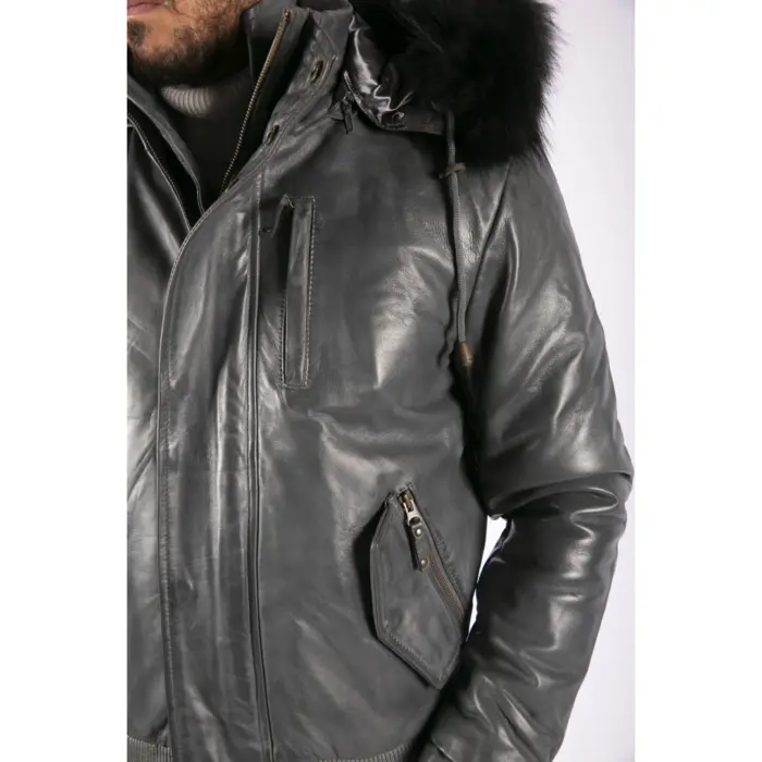 Mens Real Fur Hood Bomber Leather Jacket Black Puffer Padded - Image 4