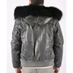 Mens Real Fur Hood Bomber Leather Jacket Black Puffer Padded - Image 3