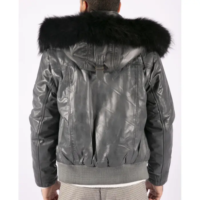 Mens Real Fur Hood Bomber Leather Jacket Black Puffer Padded - Image 3