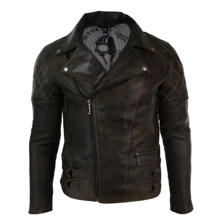 Mens Slim Fit Cross Zip Retro Vintage Brown Biker Punk Rock Real Leather Jacket - Image 1