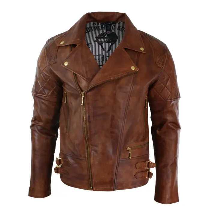 Mens Slim Fit Cross Zip Retro Vintage Brown Biker Punk Rock Real Leather Jacket - Image 10