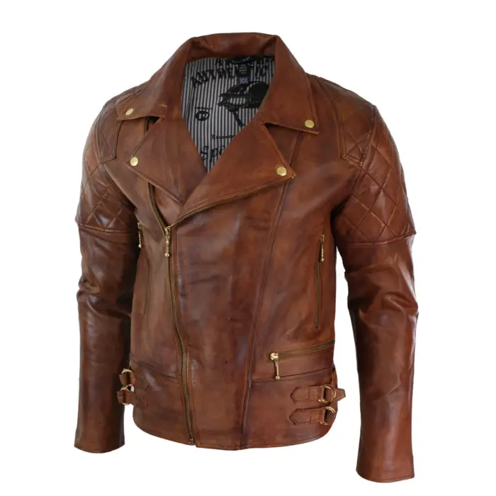 Mens Slim Fit Cross Zip Retro Vintage Brown Biker Punk Rock Real Leather Jacket - Image 9