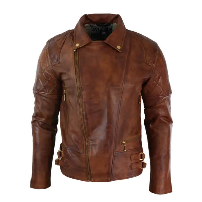 Mens Slim Fit Cross Zip Retro Vintage Brown Biker Punk Rock Real Leather Jacket - Image 8