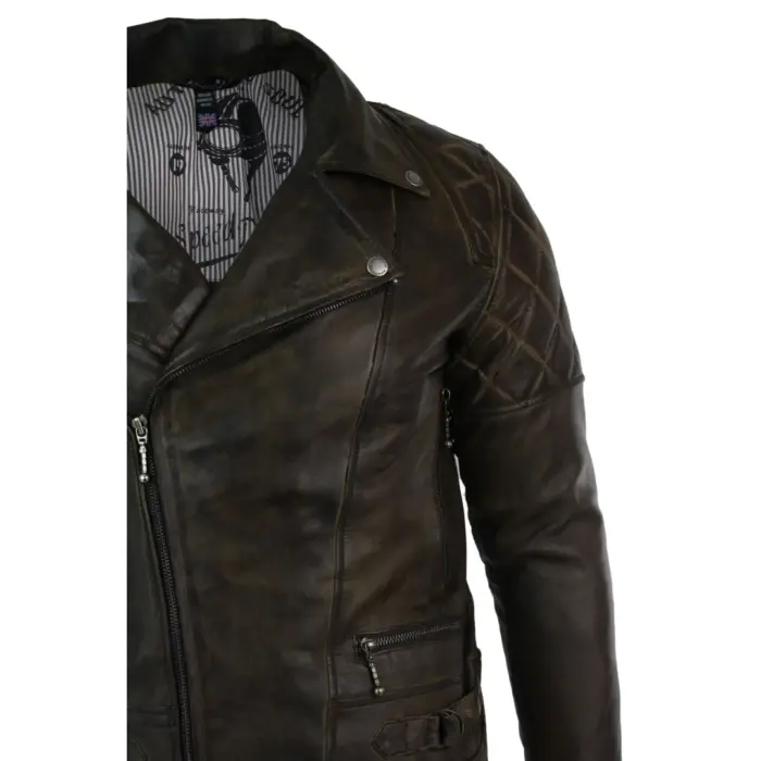 Mens Slim Fit Cross Zip Retro Vintage Brown Biker Punk Rock Real Leather Jacket - Image 2